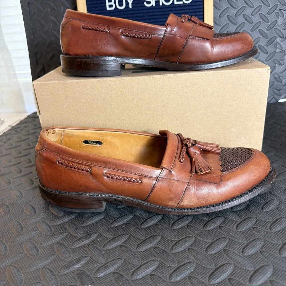Allen Edmonds Cody Tassel Loafers Men's 10.5 B Brown Woven Leather Kiltie Shoes